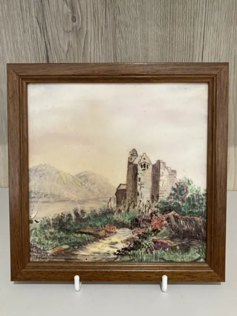 Antique Minton Hollins Hand Painted Pictorial 6" Tile River Scene Framed