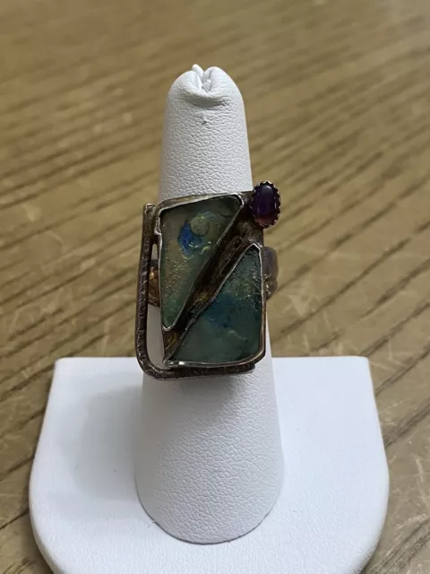 Jackie Cohen Solid Sterling Silver 925 Signed Ancient Roman Glass Ring Size 7