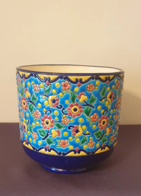LONGWY, très joli cache pot en émaux à décor floral