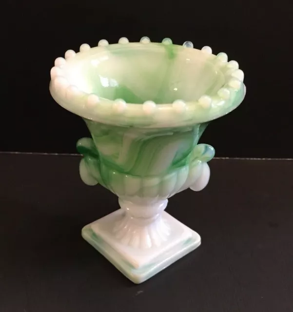 Vtg Vogue Merc Green White Marbled Swirl Slag Glass Urn Toothpick Holder 3.25"