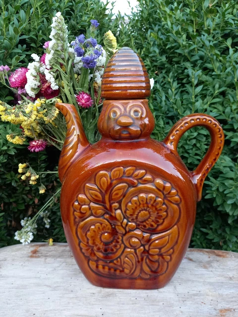 Vintage Handmade Pottery Ceramic Brown Glaze Large Kettle  60s