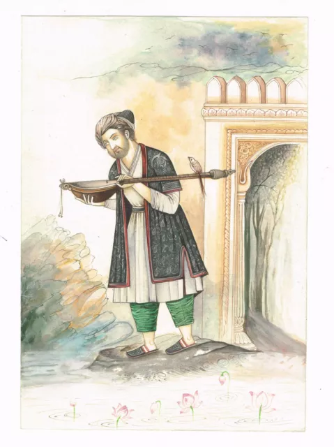 Main Peint Indien Perse Peinture Miniature Ancien Homme Gouache Œuvre Sur Papier