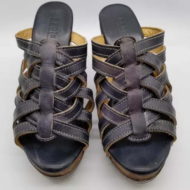 Bed Stu Women Gina Wedge Sandals Size 9 B Black Leather Slide Strappy 2