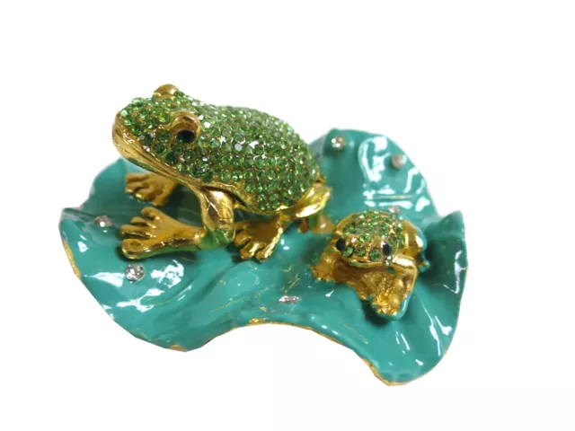 Bejeweled Frog Mom Baby on Lotus Hinged Metal Enameled Rhinestone Trinket Box