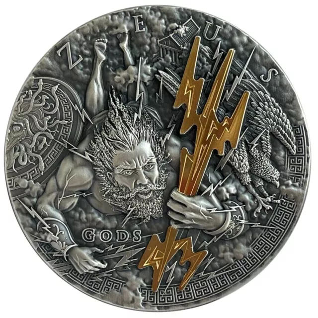2021 Niue ZEUS Gods 2 Oz Silver Antiqued Coin eith Gold Gild & Mintage of 500