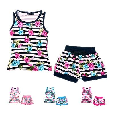 Girls Shorts Set Floral Vest Top Striped 2 Piece Summer Outfit Tank Tops Tees