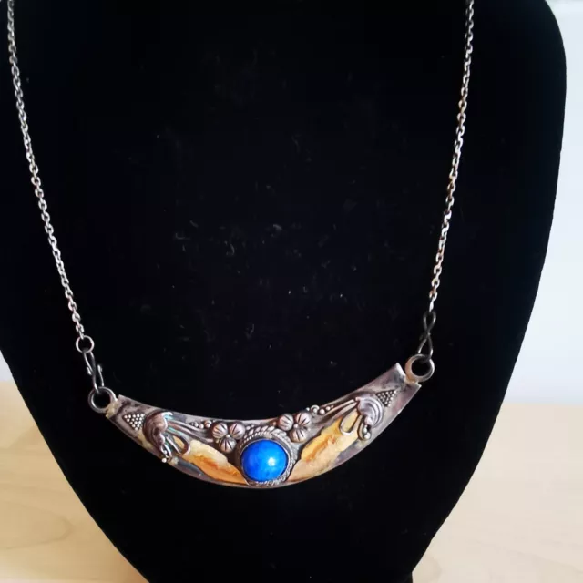 Vintage Art Nouveau Sterling Silver Necklace Lapis Lazuli Hallmarked Embossed