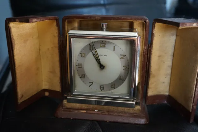 Vintage Art Deco Spring  Drgm German Travel Clock With Leather Case