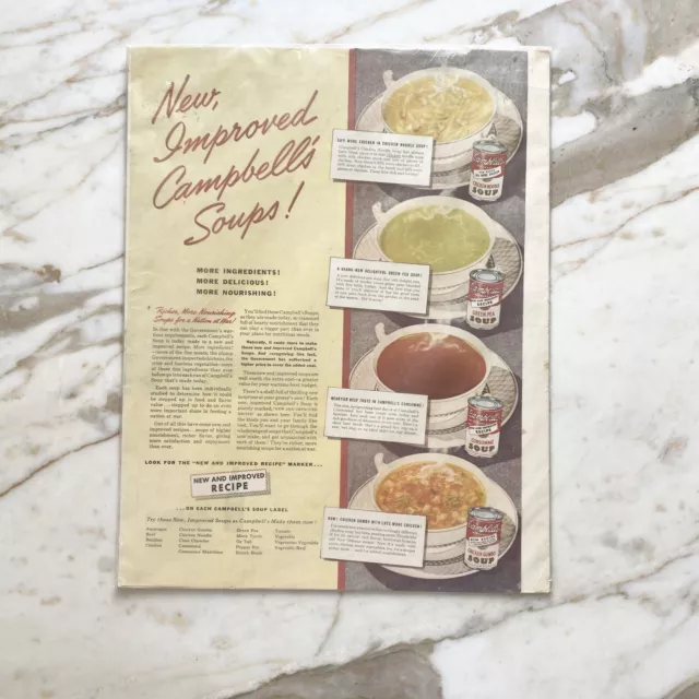 Vintage 1942 Campbell's Soup Ad New Improved More Ingredients Delicious Recipe