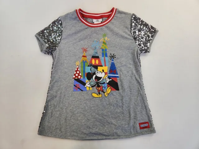 Disney Girls Shirt XL Gray Raglan Sequins Party T-shirt Vacation Holiday Trip