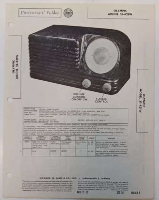 Photo Fact 1951 Olympic Model 51-421W Radio.