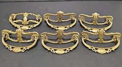6 Antique Brass (?) Metal Gilded Ornate Drawer Pulls