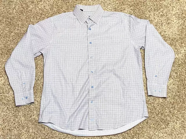 David Donahue Dress Shirt Mens 17 34/35 Blue Button Up Long Sleeve Cotton Plaid