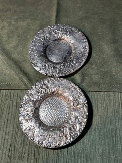 Miniature Silver Plates -Homes Etched In Rim - Sweet Antique Pieces -3.75"