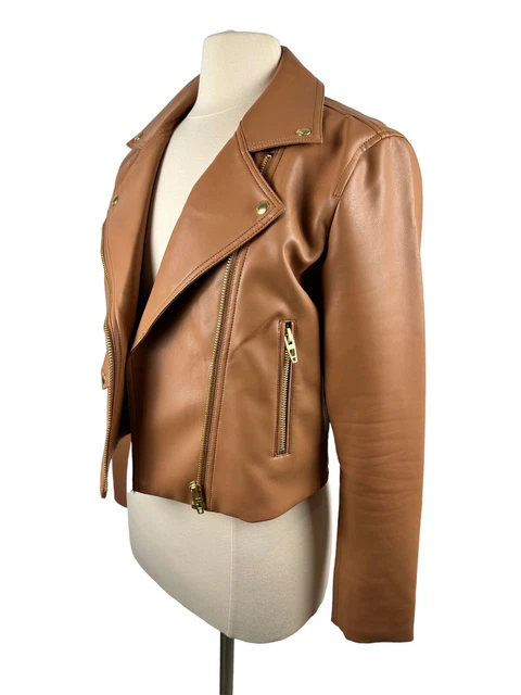BLANK NYC Women's Cognac Faux Leather Vegan Cropped Moto Biker Jacket Medium