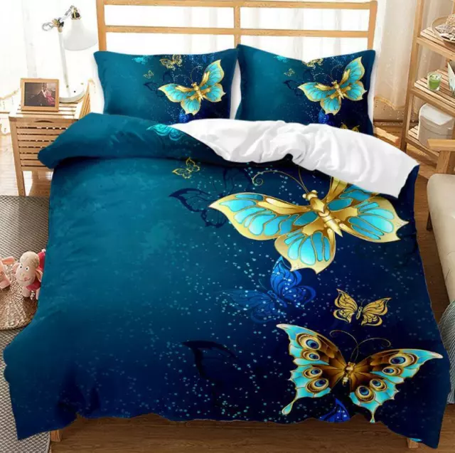 3D Blue Butterfly Bedding Set Doona Duvet Cover PillowCase Queen