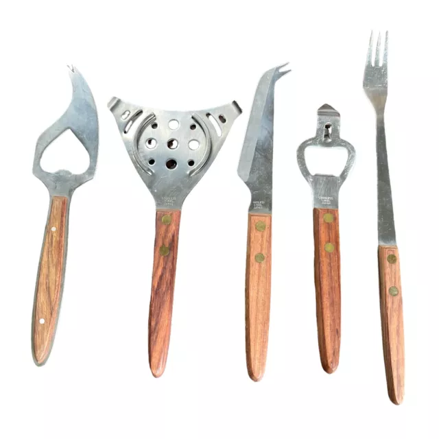 Mid Century Kitchen Tools Stainless Wood Handles bar set knife Opener mcm