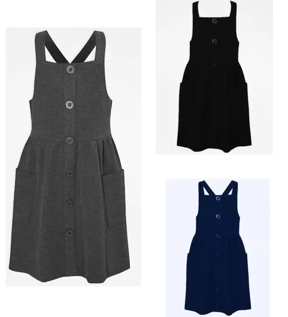 Girls Ge@rge School Dress Strap Pinafore Grey Navy Jersey Pocket Button Uniform