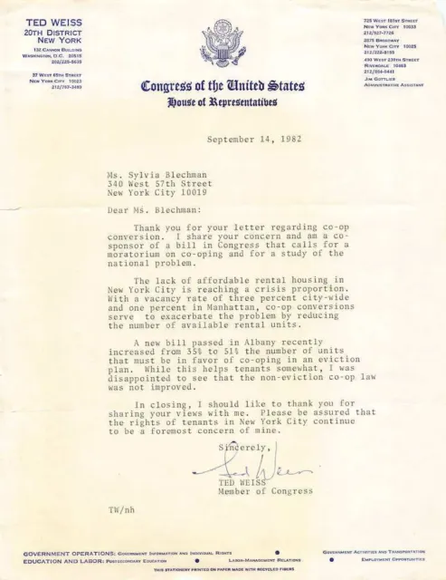 Ted Weiss New York Congress Autograph Signed Affordable Housing Letter 1982