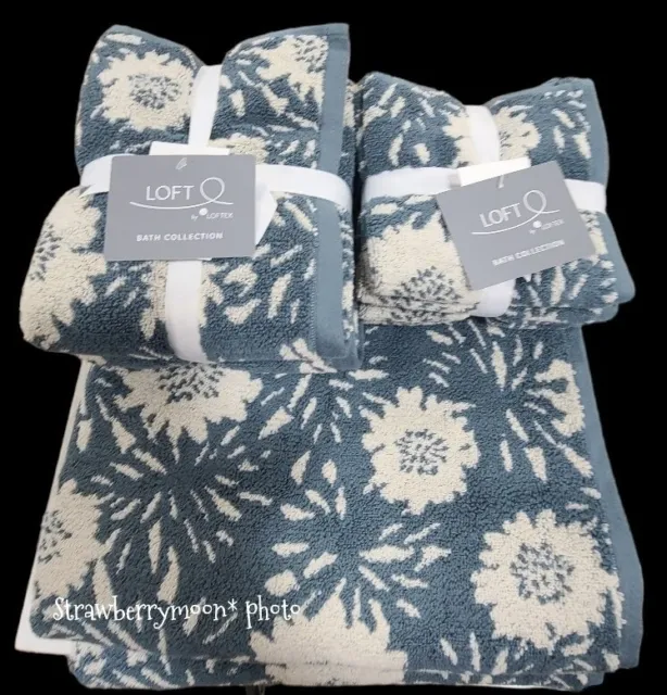 8pc Loft Spring Floral Bath Hand Washcloth Towel Set Succulent Blue & White New