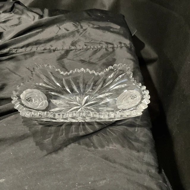 american brilliant cut glass 4x8 in elongated small relish bowl rose cut design 7