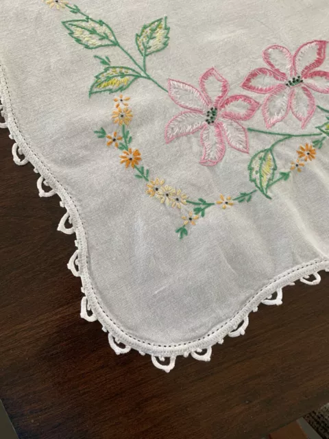 LAST CHANCE! Vintage Hand embroidered pink flowers table runner doily