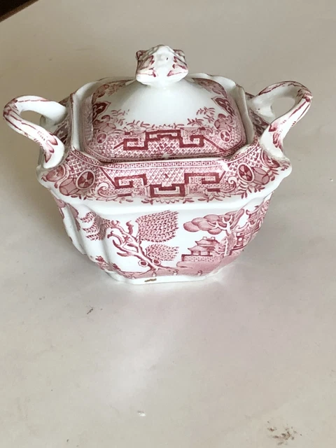Vtg Globe Pottery Cobridge Lidded Double Handled Bowl Red/Pink 5,5”