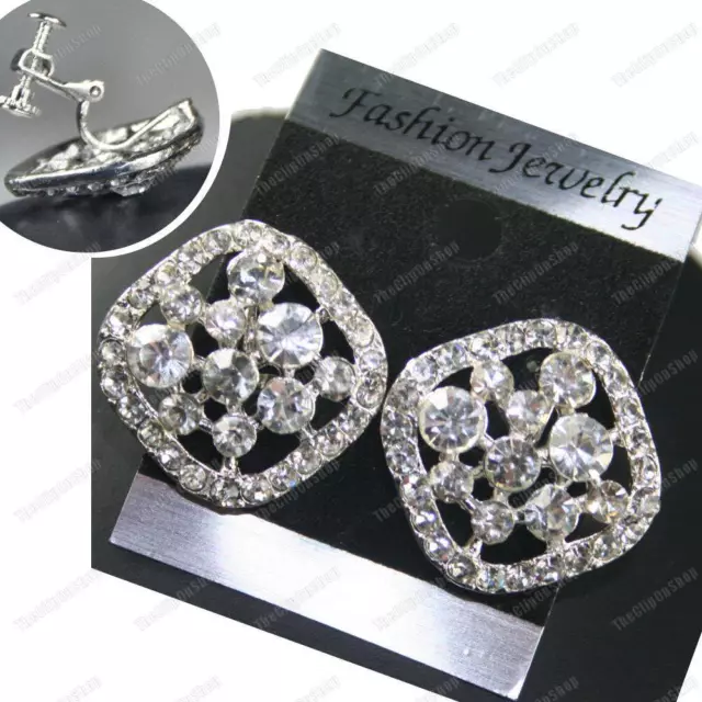 CLIP ON screw BIG CRYSTAL EARRINGS sparkly SQUARE glass rhinestone SILVER PLATED