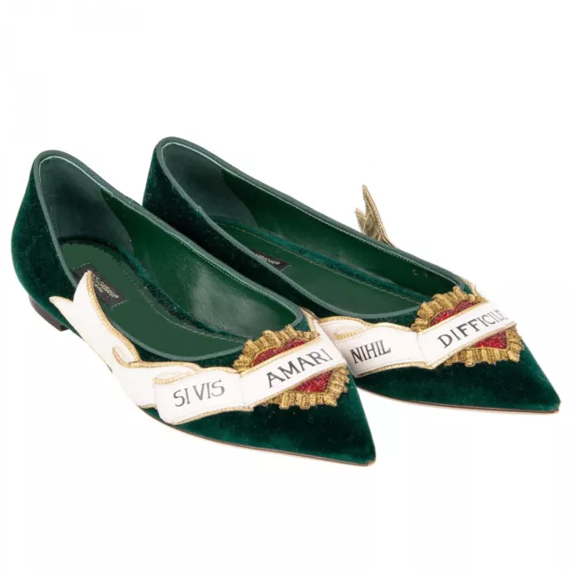DOLCE & GABBANA Velvet Ballet Flats BELLUCCI Sacred Heart Embroidery Green 09039