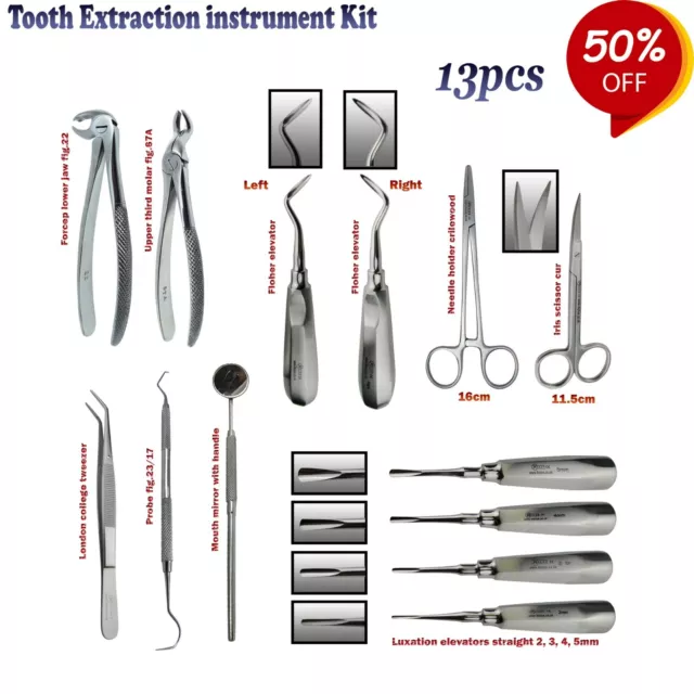 Dental Extracción Elevador de Raíz Quirúrgico Dientes Utensilio Kit 13