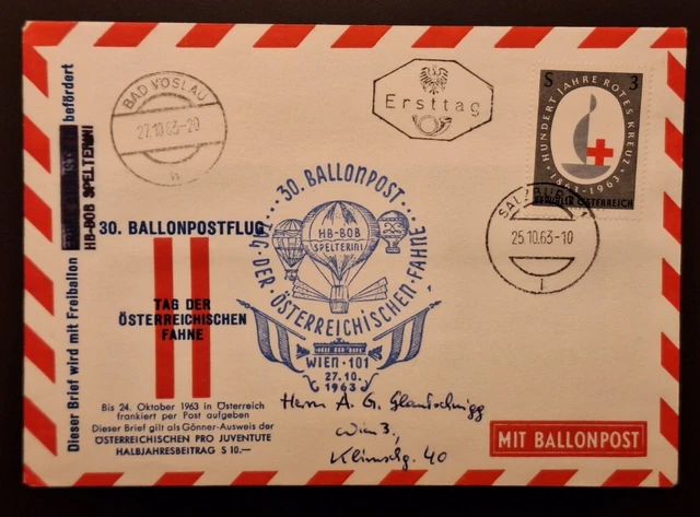 Österreich, Ballonpost 1963, Bad Vöslau - Salzburg, gelaufen