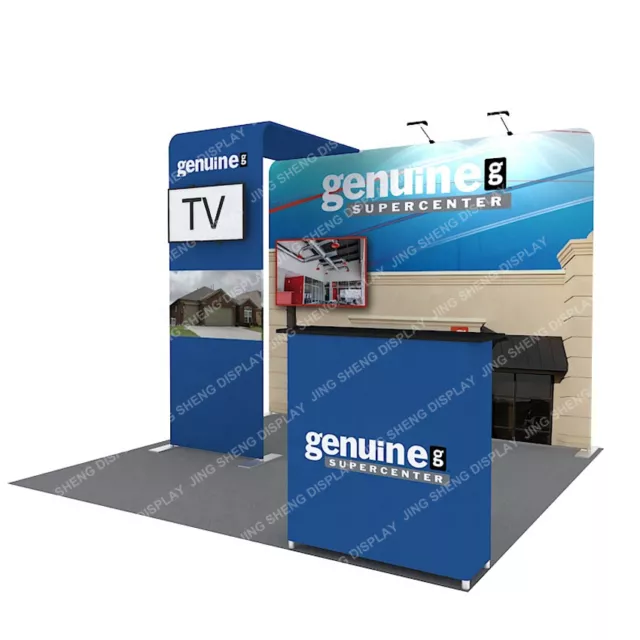 10ft Custom Fabric Trade Show Display Booth System Back Wall TV Stand Lights