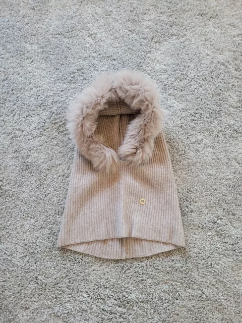 LORO PIANA 100% Cashmere Knit Hooded Hoodie Scarf Removable Fox Fur Trim Beige