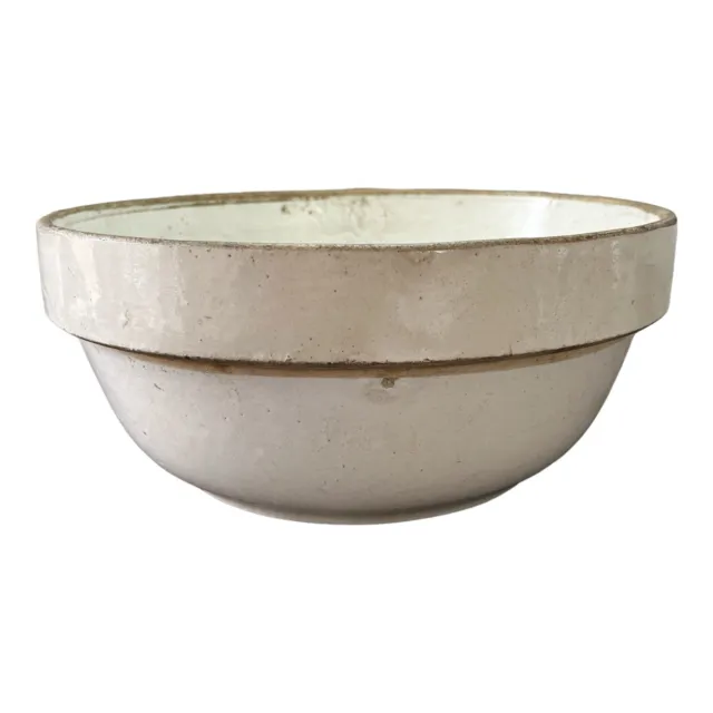 Vintage Farmhouse Stone Crock Pottery Mixing Bowl 10.5" Cream Glaze USA 1930s