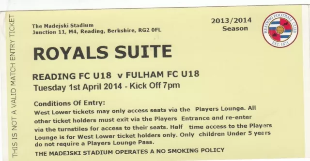 Ticket - Reading U18 v Fulham U18 12.03.14 Royals Suite