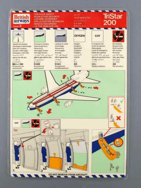 British Airways Lockheed Tristar 200 Vintage Airline Safety Card Issue 3 L-1011