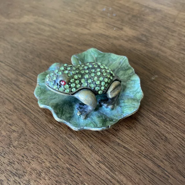 Welforth Frog on Lotus Leaf Jeweled Trinket Box ~ EUC