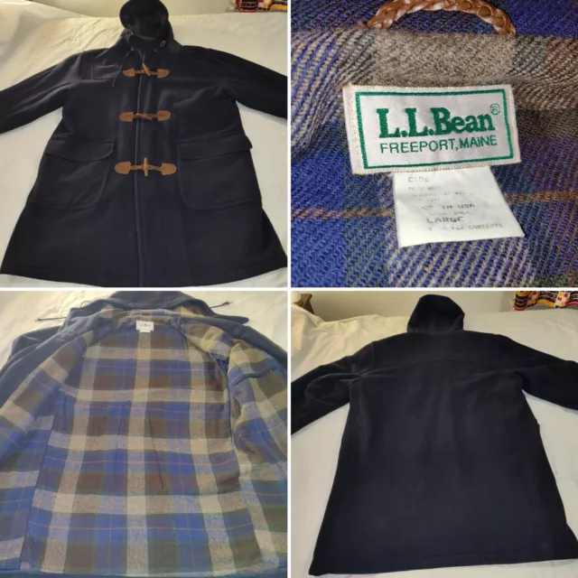 LL Bean Hooded Wool Duffle Toggle L Coat Jacket Plaid Lining Unisex  *Arms 20.5”