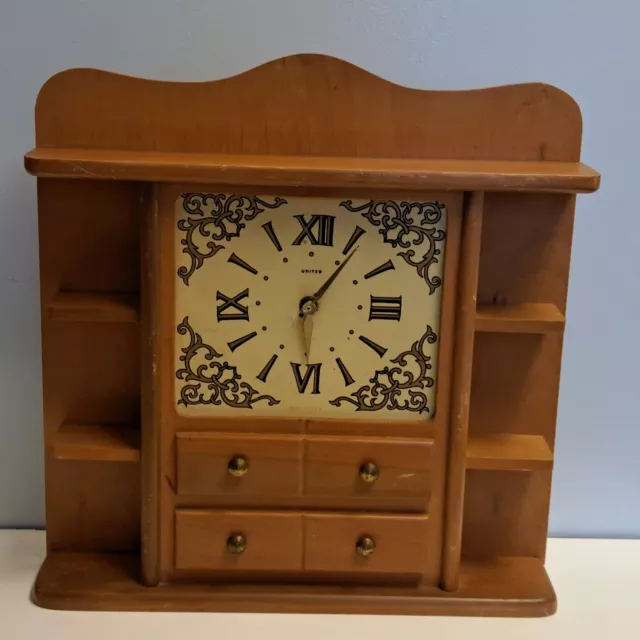 Vintage United Clock Corp Wall Clock in Wood Case Shelves Battery Operated READ