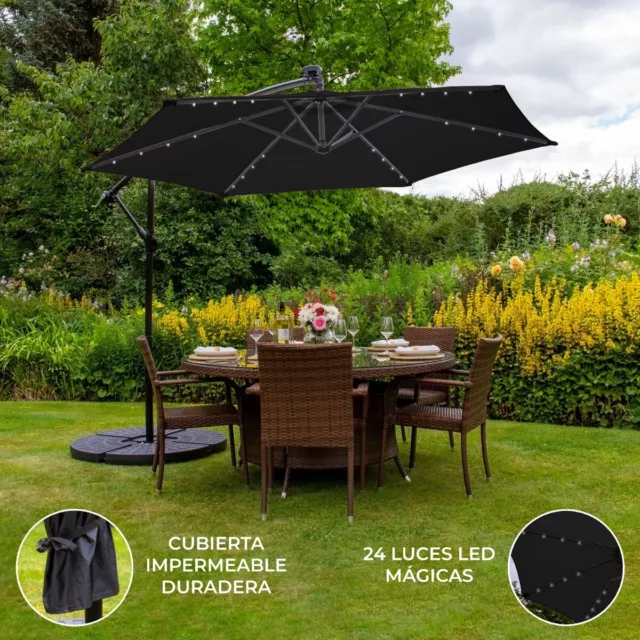 Sombrilla Voladiza de 3m con Luces LED y Base Redonda Parasol Exterior- Negro