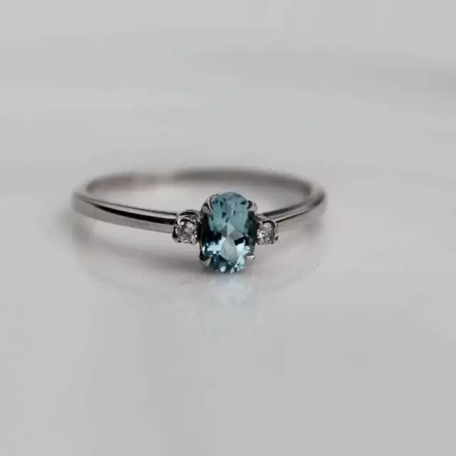 Natürlich Aquamarin Und Diamanten Zierliche Solitaire Damen Ring 14k Massiv Gold