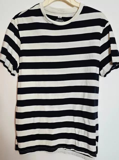 H & M Men's T-Shirt Sz Med White/Black Striped Tee Pre-owned