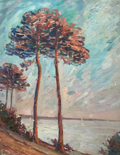 Tableau ancien, Pins en bord de mer, Sud-Ouest, Huile sur panneau, Milieu XXe