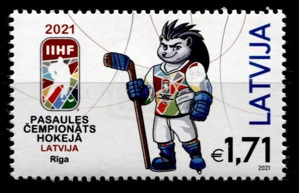 Eishockey. WM-2021, Riga. Maskottchen Spiky der Igel. 1W. Lettland 2021