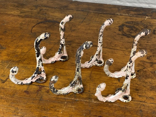 6 Old Victorian Era Acorn Hooks ~ Distressed Shabby Pink, Black & White Paint
