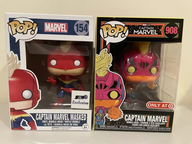 Funko Pop! Captain Marvel Masked (154) & Blacklight (908) Lot W/Pop Protectors