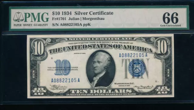 AC Fr 1701 1934 $10 Silver Certificate PMG 66 EPQ gem uncirculated