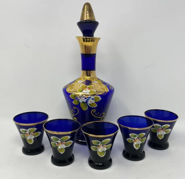 Vintage Colbalt Blue Venetian Glass Decanter & 5 Glasses Hand Painted Set Japan