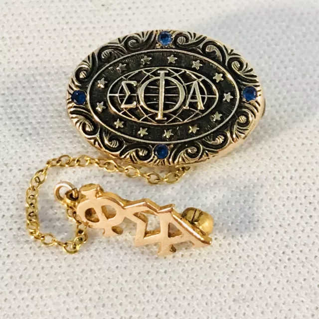 Vintage 10K Solid Yellow Gold Blue Sapphire Phi Sigma Alpha Sorority Pin W Chain