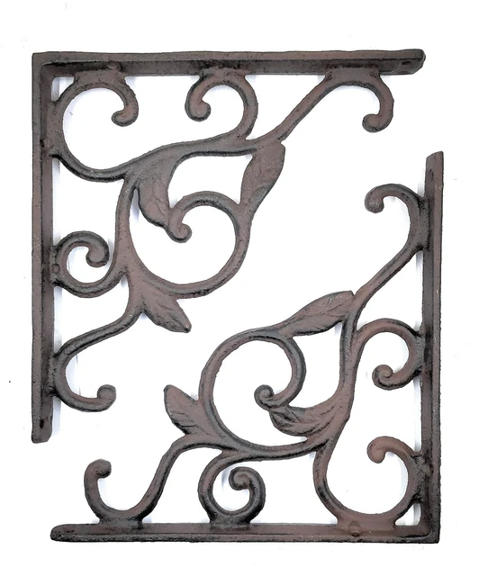 Pair of Cast Iron Shelf Support Brackets Rustic Leaf Vine Design 8 3/4 In